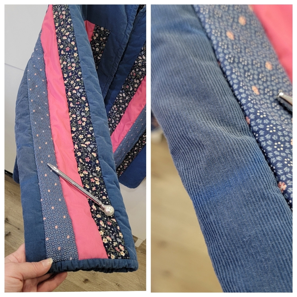 VTG Handmade Reversible Quilted Jacket Patchwork Corduroy Floral Blue Pink XXL - Picture 14 of 17